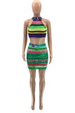 Red Sexy Striped Patchwork Halter Sleeveless Two Pieces