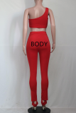 Red Casual Print Patchwork One Shoulder Sleeveless Two Pieces
