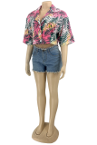Multicolor Casual Print Patchwork Turndown Collar Tops