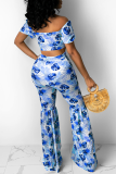 Blue Sexy Print Bandage Off the Shoulder Short Sleeve Two Pieces
