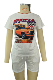 White Casual Print Patchwork O Neck Short Sleeve Two Pieces