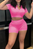 Pink Sexy Solid Patchwork V Neck Short Sleeve Two Pieces