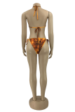 Brown Sexy Print Hollowed Out Patchwork Swimwears