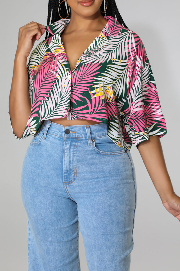 Multicolor Casual Print Patchwork Turndown Collar Tops