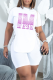 White Fashion Print Hot Drill O Neck Short Sleeve Two Pieces
