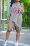Grey Fashion Print Hot Drill One Shoulder Long Sleeve Two Pieces