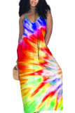 Red and blue Sexy Gradual Change Print Tie Dye Contrast V Neck Step Skirt Dresses