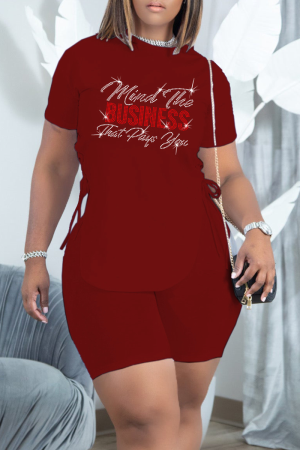 Burgundy Fashion Hot Drilling Draw String O Neck Short Sleeve Two Pieces