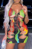 Multi-color Sexy Print Hollowed Out Halter Pencil Skirt Dresses