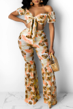 Tangerine Red Sexy Print Bandage Off the Shoulder Short Sleeve Two Pieces