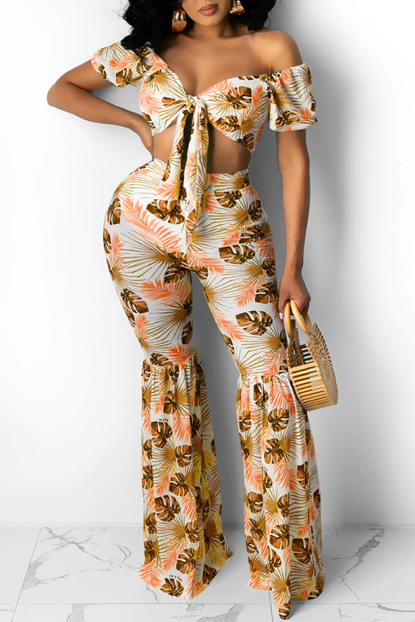 Tangerine Red Sexy Print Bandage Off the Shoulder Short Sleeve Two Pieces