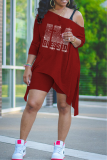 Grey Fashion Print Hot Drill One Shoulder Long Sleeve Two Pieces