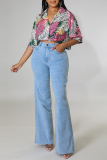 Multicolor Casual Print Patchwork Turndown Collar Tops