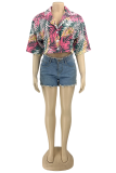 Multicolor Casual Print Patchwork Turndown Collar Tops