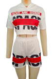 White Casual Print Patchwork Hooded Collar Short Sleeve Two Pieces