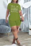 Blue Fashion Print Hot Drill O Neck Short Sleeve Two Pieces