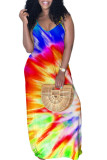 Red and blue Sexy Gradual Change Print Tie Dye Contrast V Neck Step Skirt Dresses