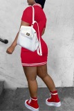 Red Casual Solid Patchwork Mandarin Collar Pencil Skirt Dresses