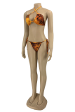 Brown Sexy Print Hollowed Out Patchwork Swimwears