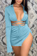 Sky Blue Fashion Sexy Print Bandage Cardigan Collar Long Sleeve Two Pieces
