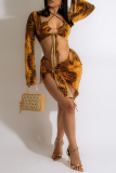 Brown Sexy Print Hollowed Out Patchwork Swimwears