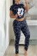 Black Fashion Casual Print Patchwork Hooded Collar Short Sleeve Two Pieces