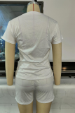 White Casual Print Patchwork O Neck Short Sleeve Two Pieces