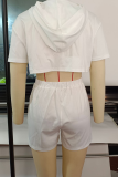 White Casual Print Patchwork Hooded Collar Short Sleeve Two Pieces
