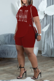 Blue Fashion Print Hot Drill O Neck Short Sleeve Two Pieces
