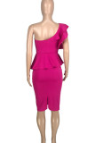 Rose Red Elegant Solid Split Joint Flounce Asymmetrical Asymmetrical Collar Evening Dress Dresses