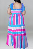 Light Blue Fashion Casual Plus Size Print Bandage Backless Spaghetti Strap Long Dress
