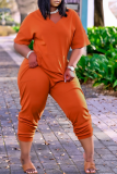 Orange Casual Solid Patchwork V Neck Straight Jumpsuits