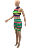 Red Sexy Striped Patchwork Halter Sleeveless Two Pieces