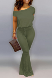 Green Casual Solid Patchwork One Shoulder Boot Cut Jumpsuits