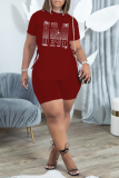 Blue Fashion Print Hot Drill O Neck Short Sleeve Two Pieces