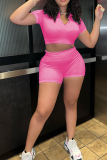 Pink Sexy Solid Patchwork V Neck Short Sleeve Two Pieces