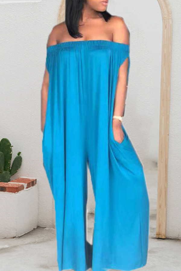 Blue Casual Solid Patchwork Off the Shoulder Straight Jumpsuits