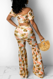 Blue Sexy Print Bandage Off the Shoulder Short Sleeve Two Pieces
