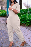 Light Green Casual Solid Patchwork V Neck Straight Jumpsuits