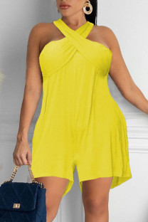 Yellow Casual Solid Split Joint Halter Straight Jumpsuits