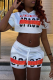 White Casual Print Patchwork Hooded Collar Short Sleeve Two Pieces