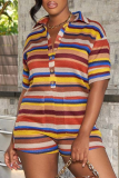 Red Yellow Casual Striped Patchwork Turndown Collar Straight Rompers