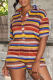 Red Yellow Casual Striped Patchwork Turndown Collar Straight Rompers