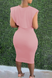 Pink Sexy Solid Patchwork O Neck Short Sleeve Two Pieces