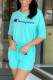 Light Blue Fashion Casual Print Letter O Neck Short Sleeve Two Pieces