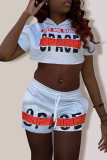 White Casual Print Patchwork Hooded Collar Short Sleeve Two Pieces