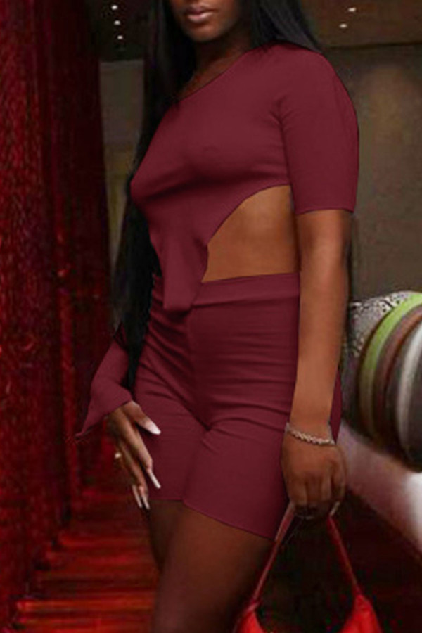 Burgundy Sexy Solid Asymmetrical O Neck Half Sleeve Two Pieces