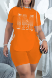 Blue Fashion Print Hot Drill O Neck Short Sleeve Two Pieces