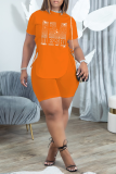 Blue Fashion Print Hot Drill O Neck Short Sleeve Two Pieces