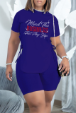 Blue Fashion Hot Drilling Draw String O Neck Short Sleeve Two Pieces